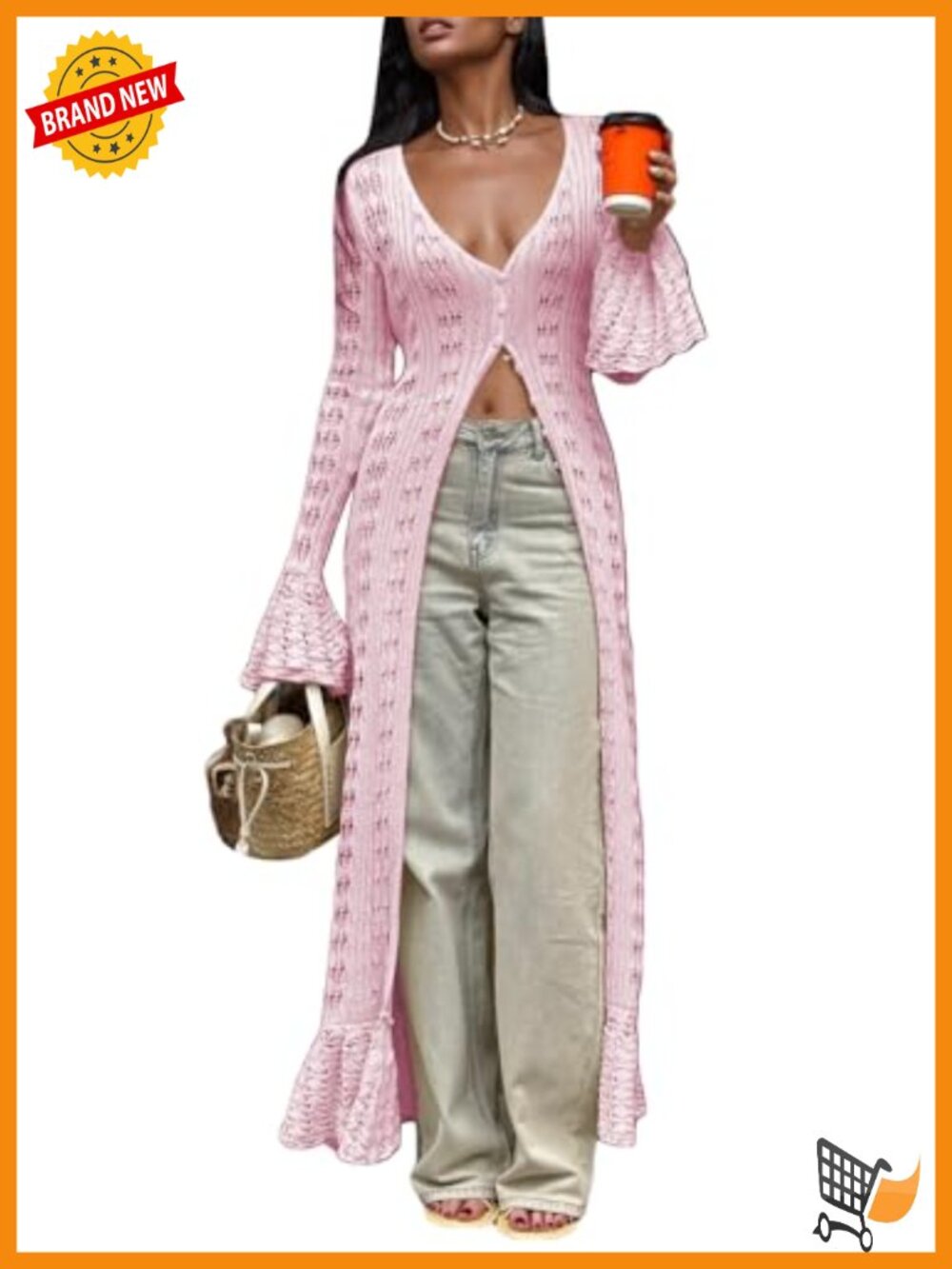 Crochet Cardigan Button Up Hollow Out V Neck Flared Sleeve Lightweight Loose